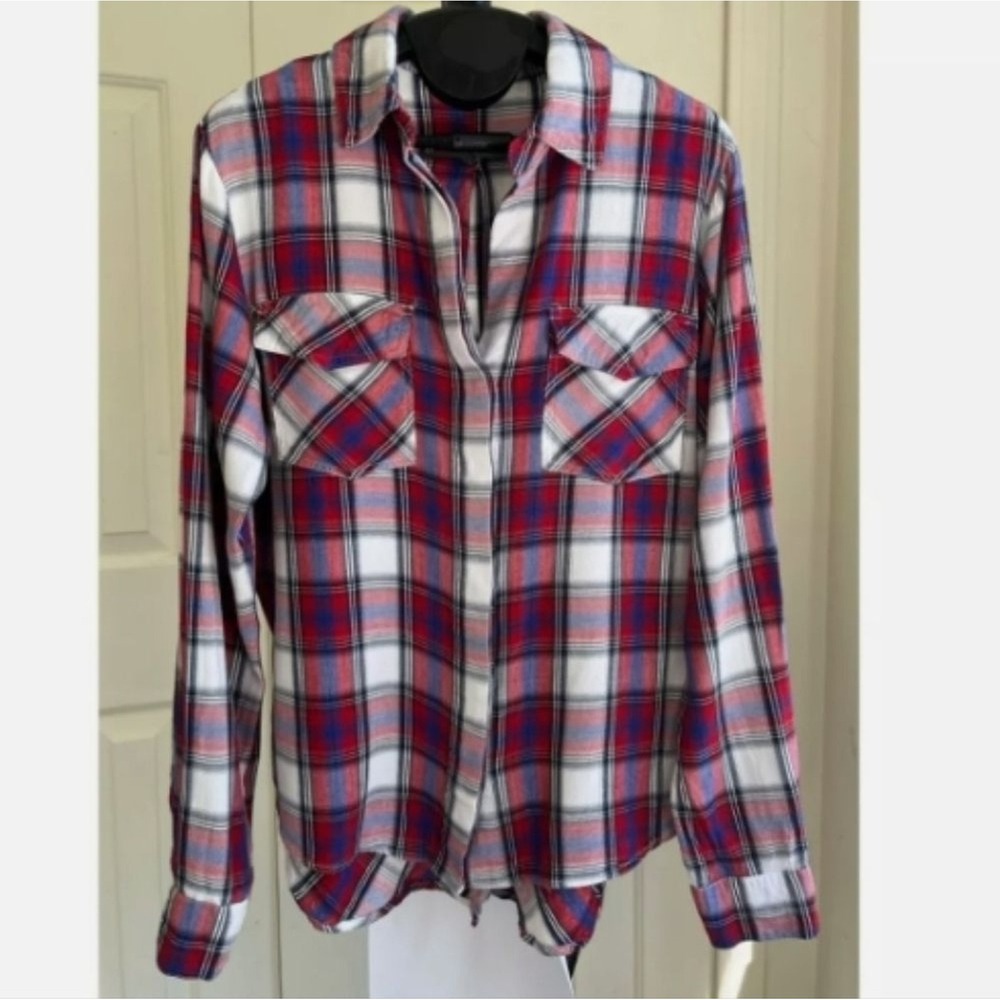 Sam Edelman Blouse women size large Red Blue Plaid Split Tuxedo Tail Flannel